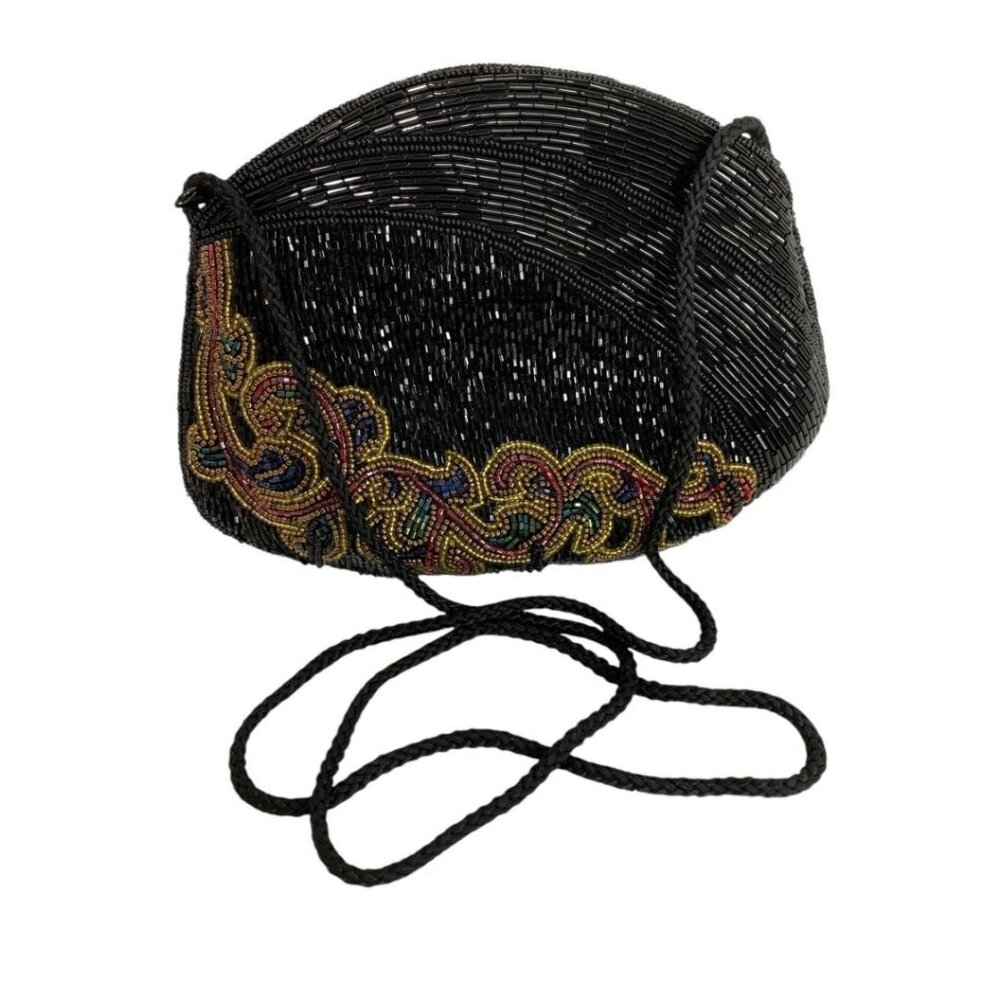 Magid Black Beaded Crossbody Bag with Multicolor Bead Trim